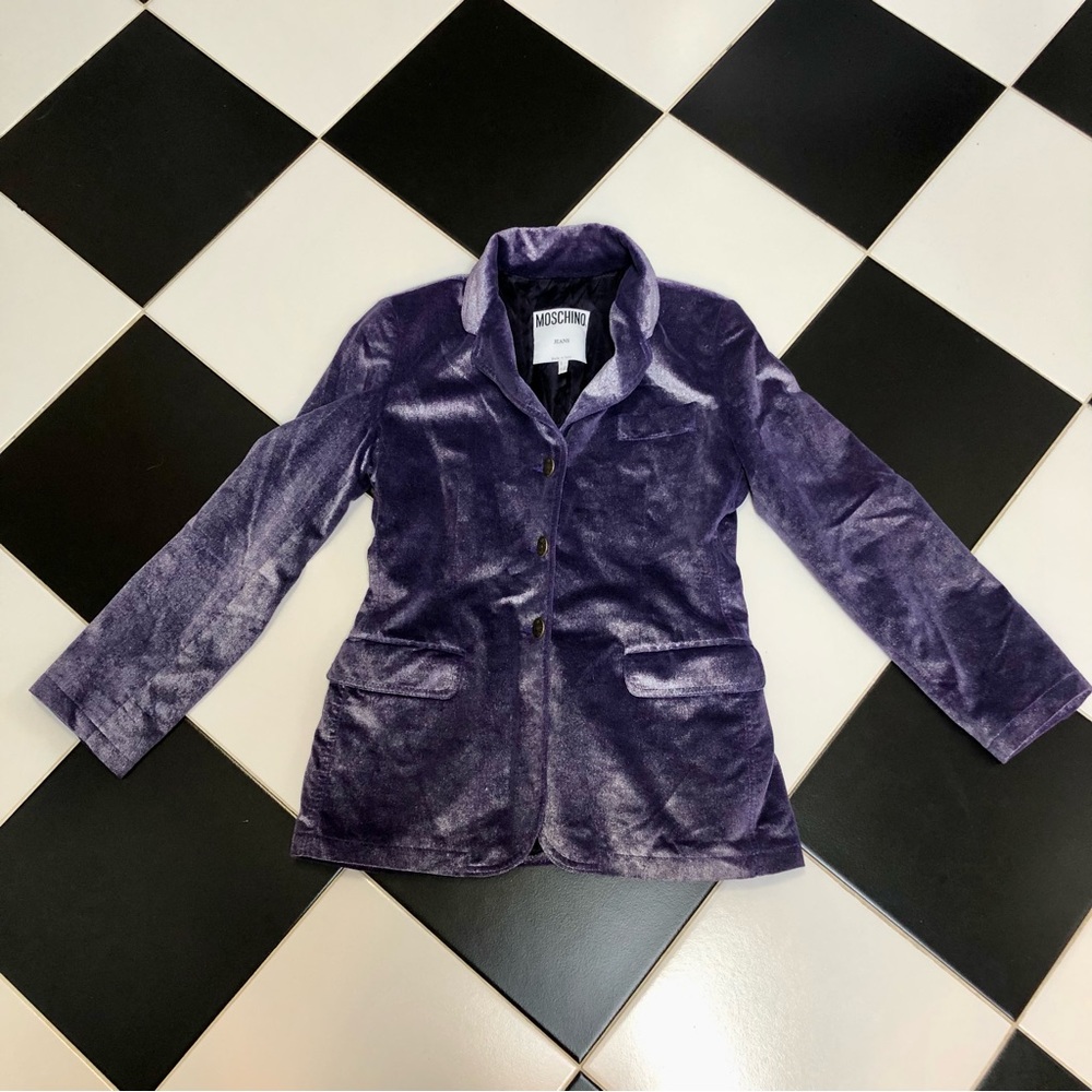 Moschino Jeans Velvet Blazer Dark Purple Silver Tone Velour Metallic Lavender 6